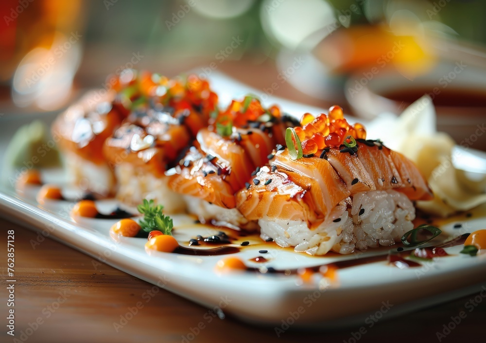 A plate of sushi with a sauce on it A plate of sushi with a sauce on it