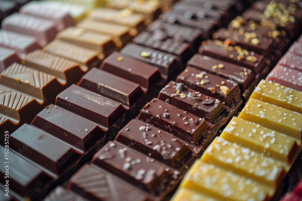 Assorted single-origin chocolate bars with vibrant toppings Assorted single-origin chocolate bars with vibrant toppings