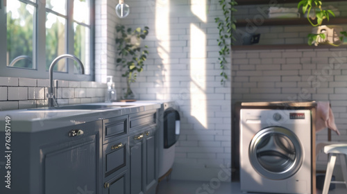 Corner of stylish laundry room with white walls, concrete floor, gray cabinets, modern washing machine and dryer and comfortable sink