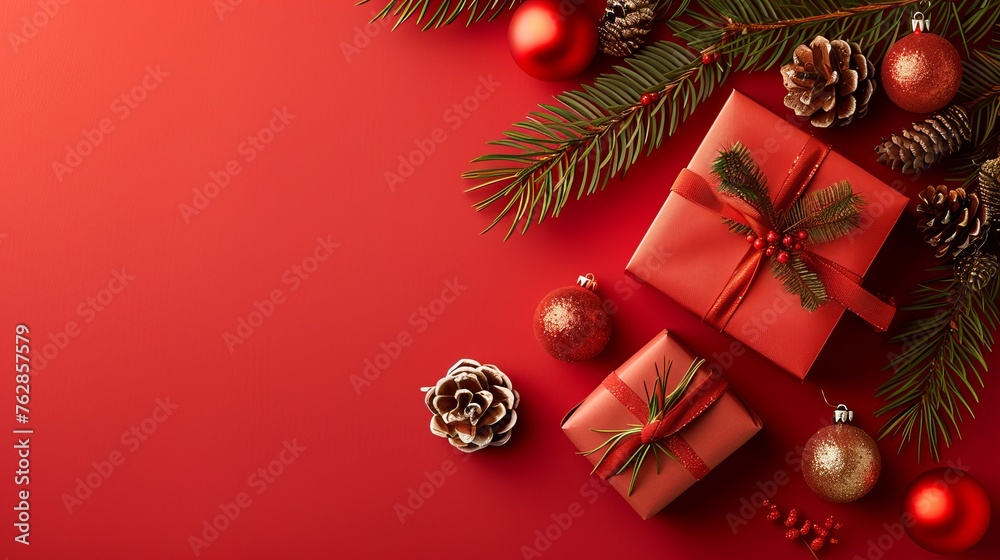 A red background with a Christmas tree and presents