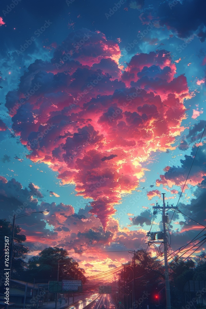 A large pink cloud with a heart shape in the sky A large pink cloud with a heart shape in the sky