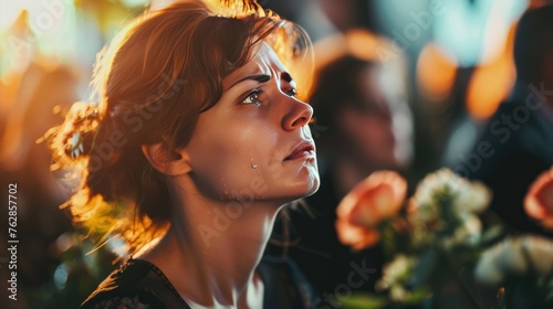 Portrait of a sad crying woman at a funeral ceremony generative ai image 