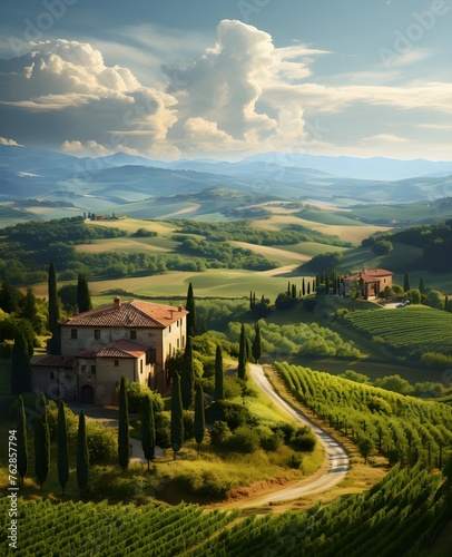 Tuscany landscape with grain fields, cypress trees and houses on the hills at sunset. Summer rural landscape with curved road in Tuscany, Italy, Europe