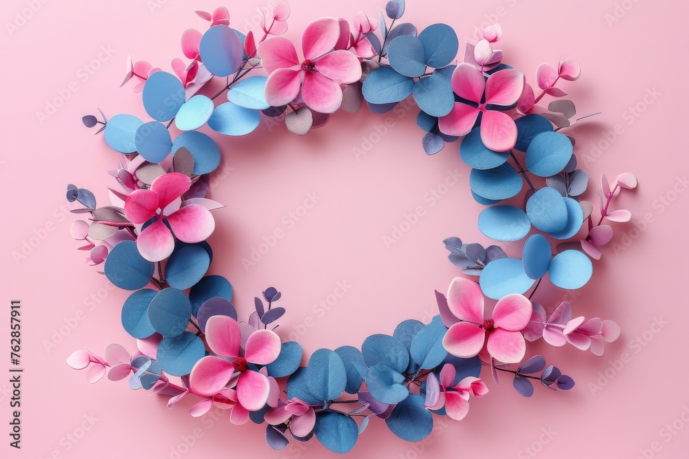 A wreath of flowers with blue and pink flowers