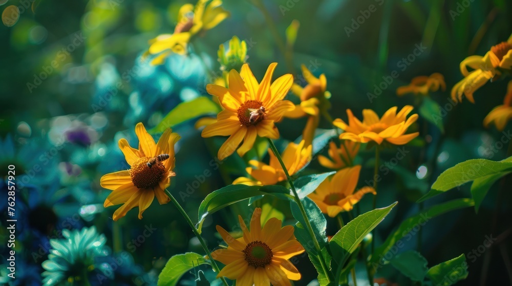 Obraz premium Small yellow bright summer flowers and bee on a background of blue and green foliage in a fairy garden. Macro artistic image. Banner format 