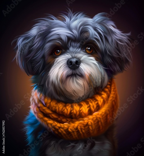 A dog is wearing an orange scarf and looking at the camera