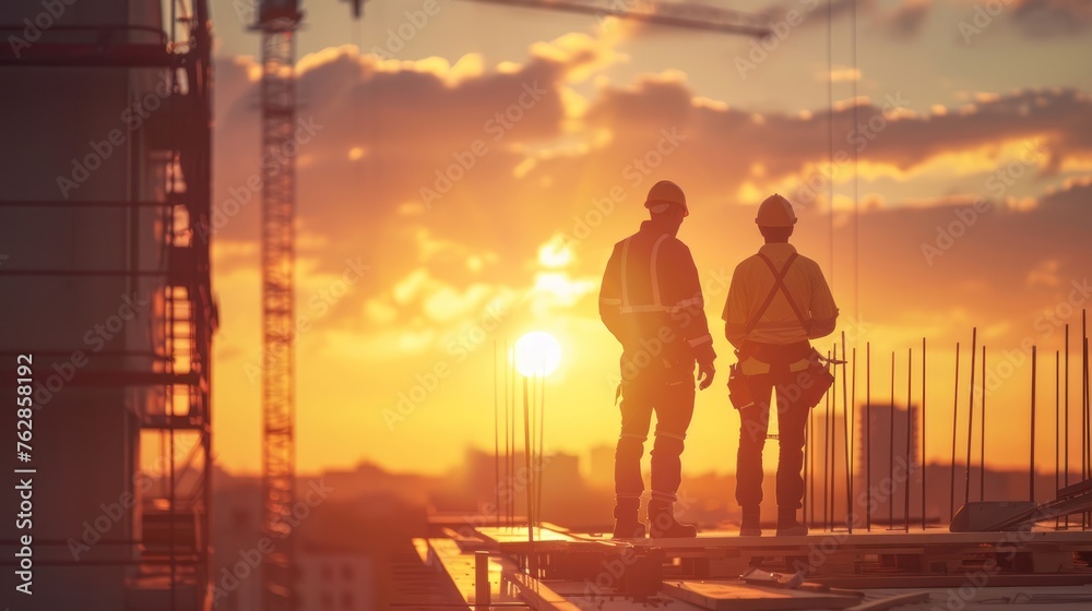 Fototapeta premium Two construction workers on a building site at sunset,