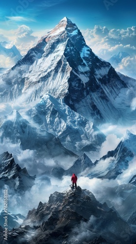 A man stands on a mountain peak, looking out over a snowy landscape