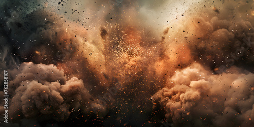 Abstract brown dust explosion on black background for Smoke and debris filling the closeup frame as bombs explode in the distance concept background and wallpaper  photo
