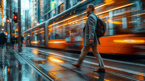 Dynamic City Life: Businessman Walking Past Speeding Tram
