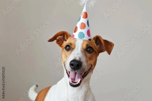 Dog wearing a party hat, happy expression © InfiniteStudio