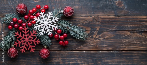 Festive christmas background with pine branch and snowflake border, copy space available © Ilja
