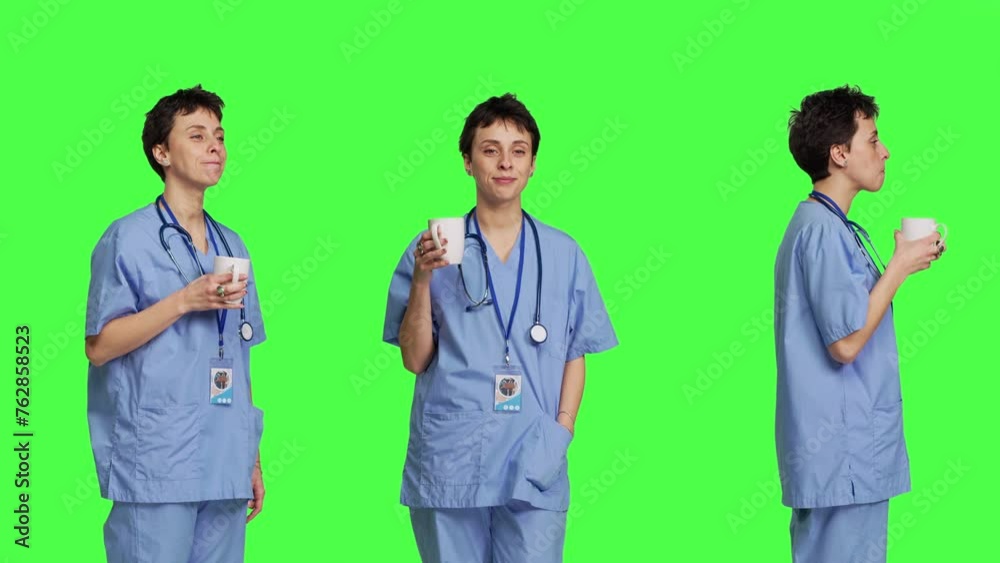 Medical assistant drinking cup of coffee before starting exam appointments in the morning, enjoying caffeine refreshment against greenscreen backdrop. Nurse drinks beverage. Camera B. Medical assistant drinking cup of coffee before starting exam appointments in the morning, enjoying caffeine refreshment against greenscreen backdrop. Nurse drinks beverage. Camera B.