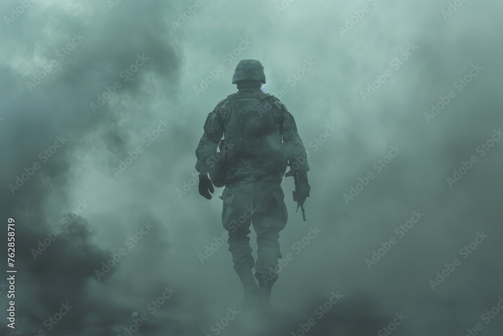 Soldier in military gear walking into fog Soldier in military gear walking into fog