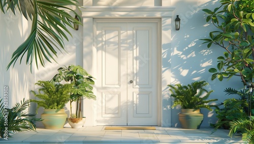 A white door stands adorned with potted plants in front of a building, adding a touch of nature to the wooden fixture