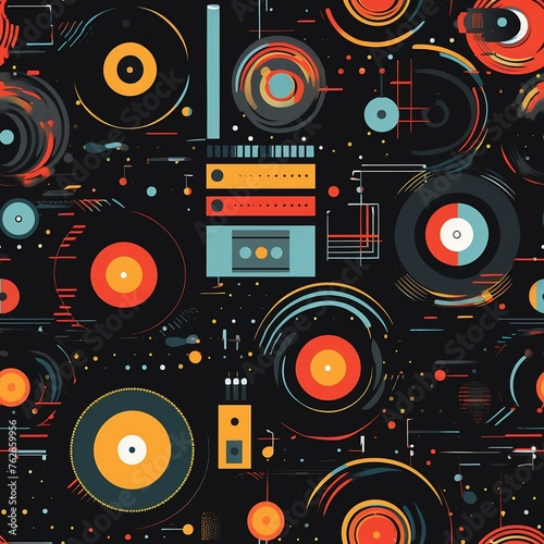 Seamless pattern of vintage vinyl and modern digital sound waves, a vibrant vector celebration of music history