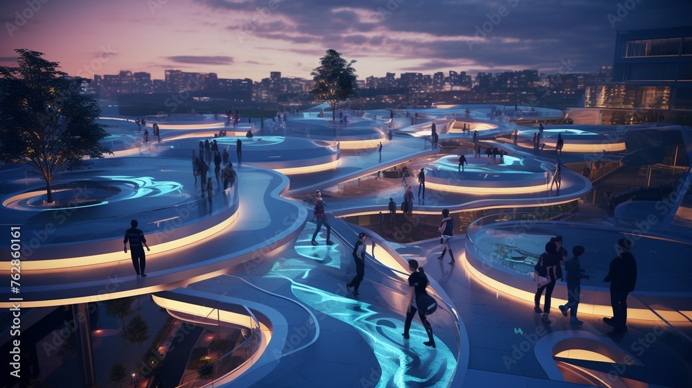 A futuristic skate park where the ramps and rails include built-in wireless charging, energizing devices as skaters perform.