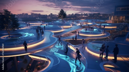 A futuristic skate park where the ramps and rails include built-in wireless charging, energizing devices as skaters perform.