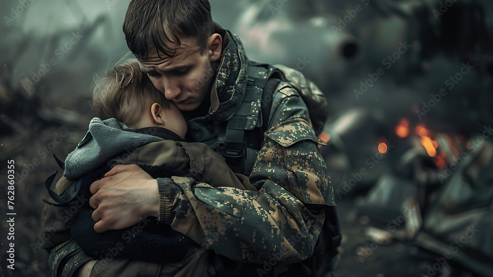 soldier saying goodbye to his little son representing sadness and fear for the war