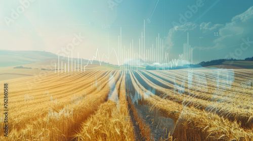 Shot of vast fields of grain with graphs and arrows going up. photo