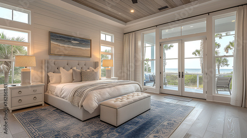 Bedroom - beach house - ocean view - white and light brown trim - stylish 