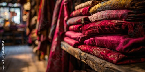 A pile of colorful scarves on a shelf. Generative AI. © Nikolay