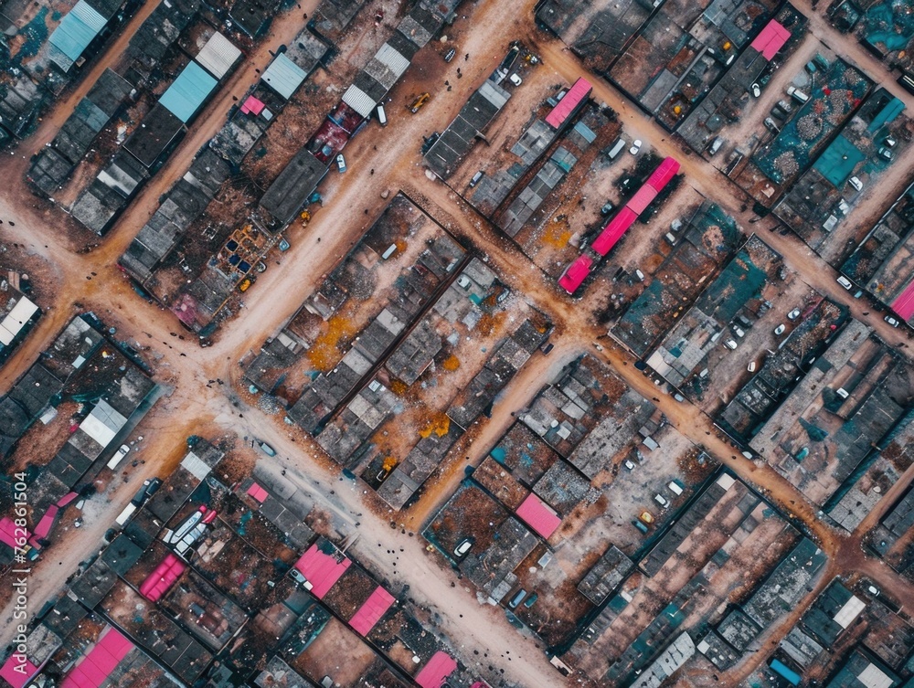 An aerial view of a city with many houses. Generative AI. An aerial view of a city with many houses. Generative AI.