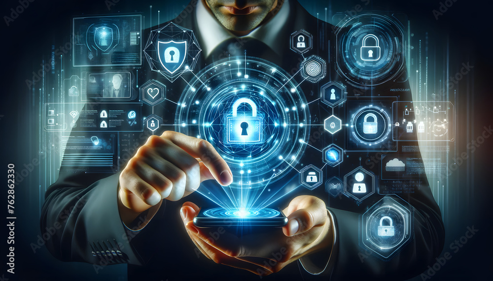 Fototapeta premium Cybersecurity concept with a businessman protecting data on a smartphone.