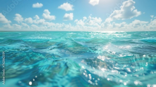 Ocean's Serene Caress, clear, blue, waters, ripples, sunlit, sky, clouds, white, expansive, view, calm, sea, tranquil, horizon, sunlight, glisten, reflection, peaceful, aquatic, nature, vast, shimmer