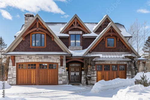 The facade of a large house with a wooden garage door is blanketed in snow, creating a picturesque winter scene under a cloudy sky