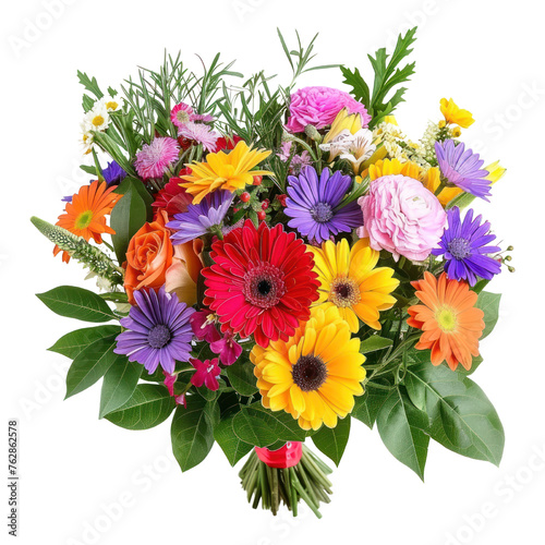 Flower arrangement with fresh flowers with colorful blooms and vibrant greenery isolated on transparent background