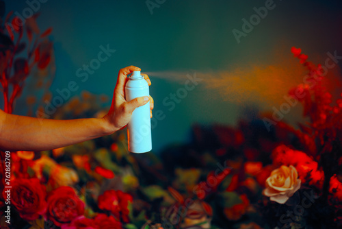 Hand Holding a Perfume Spray Can on a Floral Background. Person using natural smelling air freshening deodorant 
 photo