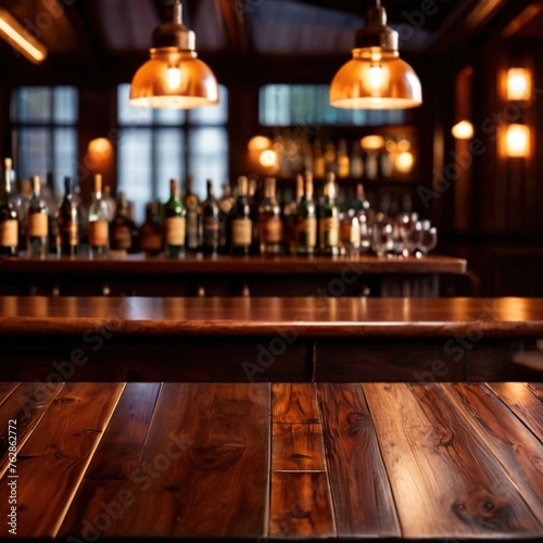 Blank empty wooden table in restaurant bar for product mockup photography