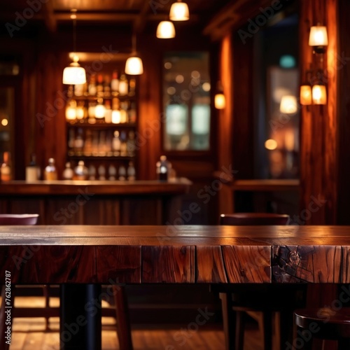 Blank empty wooden table in restaurant bar for product mockup photography