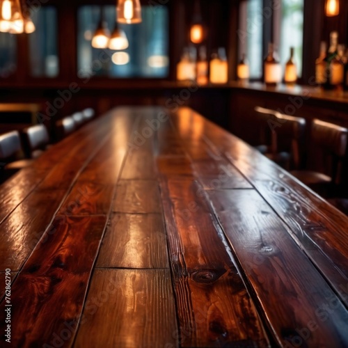 Blank empty wooden table in restaurant bar for product mockup photography