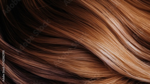 Brown hair close-up as a background. Women's long orange hair. Beautifully styled wavy shiny curls. Hair coloring bright shades. Hairdressing procedures, extension.
