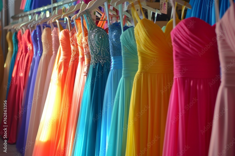 Colorful dresses on hangers in a store display