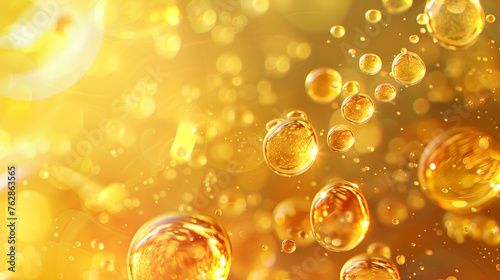 Oil bubbles collagen skin serum on gold yellow background. concept skin care cosmetics.