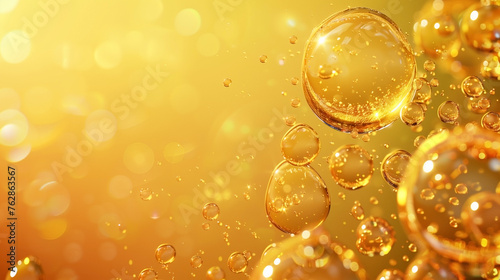 Oil bubbles collagen skin serum on gold yellow background. concept skin care cosmetics.