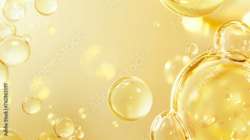 Oil bubbles collagen skin serum on gold yellow background. concept skin care cosmetics.