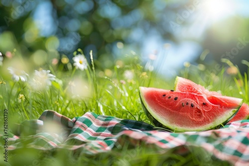 Watermelon slices on checkered picnic blanket