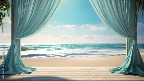 The product podium scene adopts soft light-colored tulle curtains