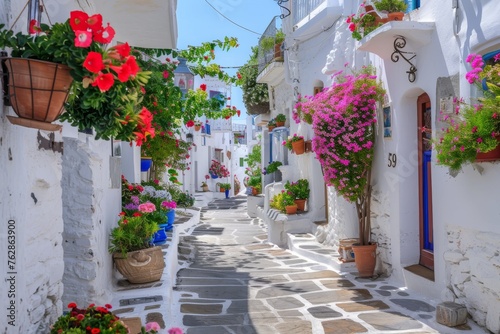 Narrow street white walls flowerpots Greece © InfiniteStudio