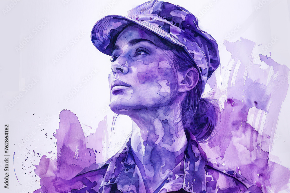Purple watercolor painting of a military personnel, army woman