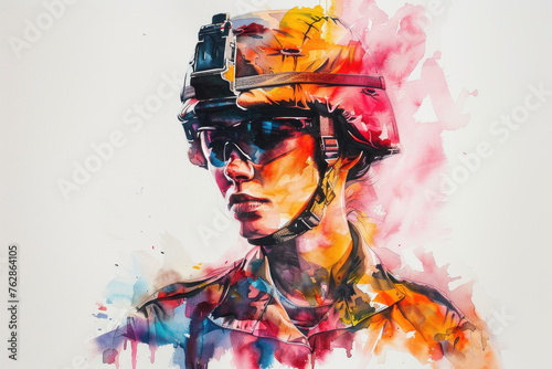 Colorful watercolor painting of a military personnel, army woman