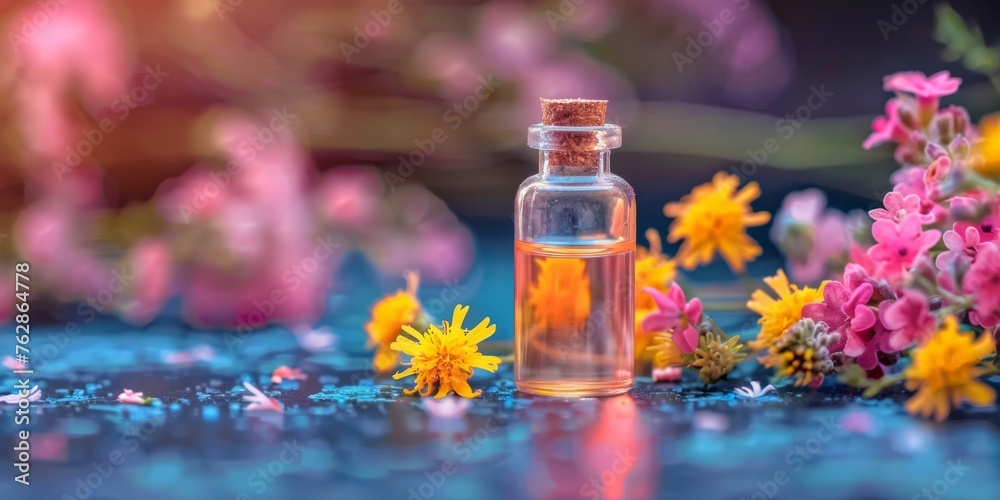 A glass bottle of essential oil placed amidst vibrant flowers and petals on a reflective blue surface. A glass bottle of essential oil placed amidst vibrant flowers and petals on a reflective blue surface.