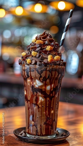 Frappe cup food photography on blurred background with ample space for text placement