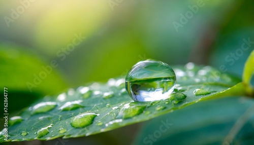 Water droplet on a green leaf background with space for text use