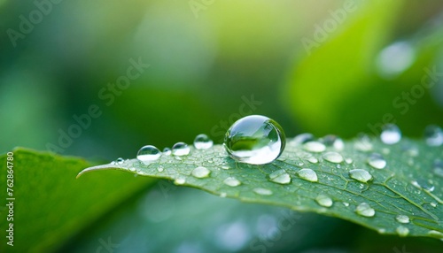 Water droplet on a green leaf background with space for text use