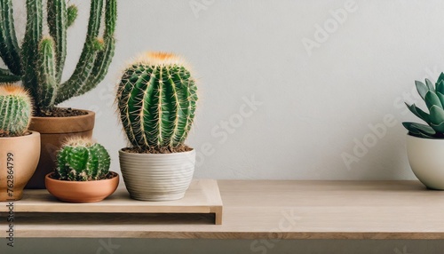 Cactus on a shelf by a blank wall background with space for text use